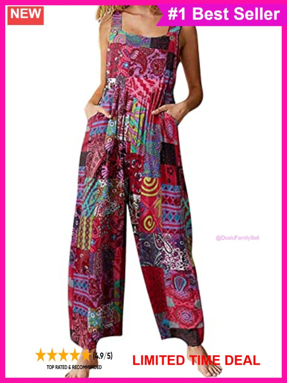 Womens Floral Wide Leg Overalls Bib Jumpsuit Cotton Blend Loose Fit
